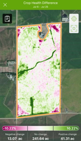 codyboeck's tweet photo. 3) Change Detection - Feature that allows you to compare images against each other to quantify Crop Health change over time. #PinkIsBad https://t.co/VUGjribQDX