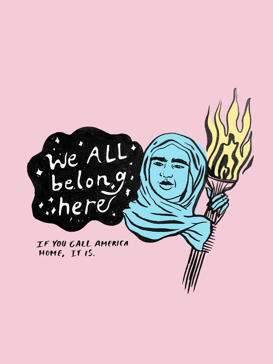 A poster with a pink background. A digital illustration of the top profile of a woman holding a torch. The drawing of the woman is inspired by Lady Liberty. On her left are the words "We all belong here." Below that are the words "If you call America home, it is."