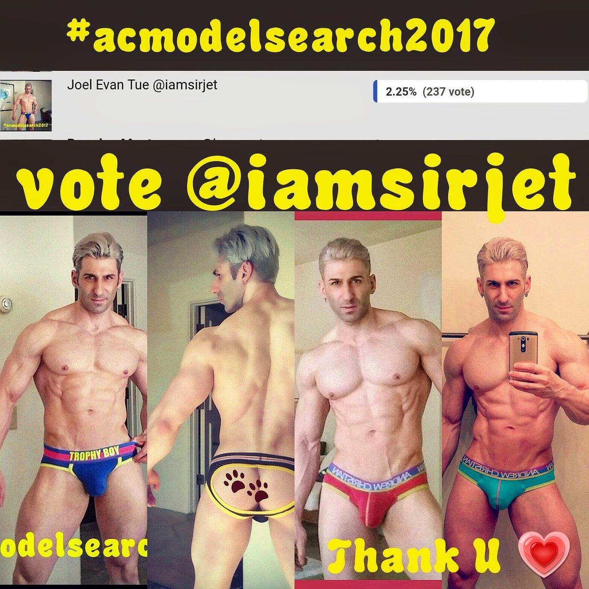 iamsirjet's tweet photo. Thanks everyone 😘 keep voting #acmodelsearch2017 #andrewchristian #actrophyboy #modeling #underwear #contest https://t.co/HQKPB1ZO6S https://t.co/JbLe3K17CW