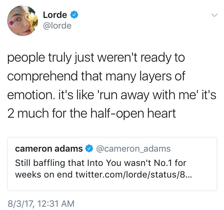 Pop Crave on X: "Lorde stanning for Ariana Grande's Top 15 hit, "Into You."  https://t.co/VmK5UKXvhf" / X