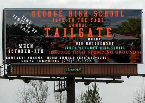 GeorgeHigh1990's tweet photo. George High School "BACK TO THE YARD" Annual Tailgate!
Oct. 7, 2017 | Tents Go Up @8am
South Atlanta High School!
#GHS1990 #ClassOfSwag https://t.co/RRvLPSlAdC