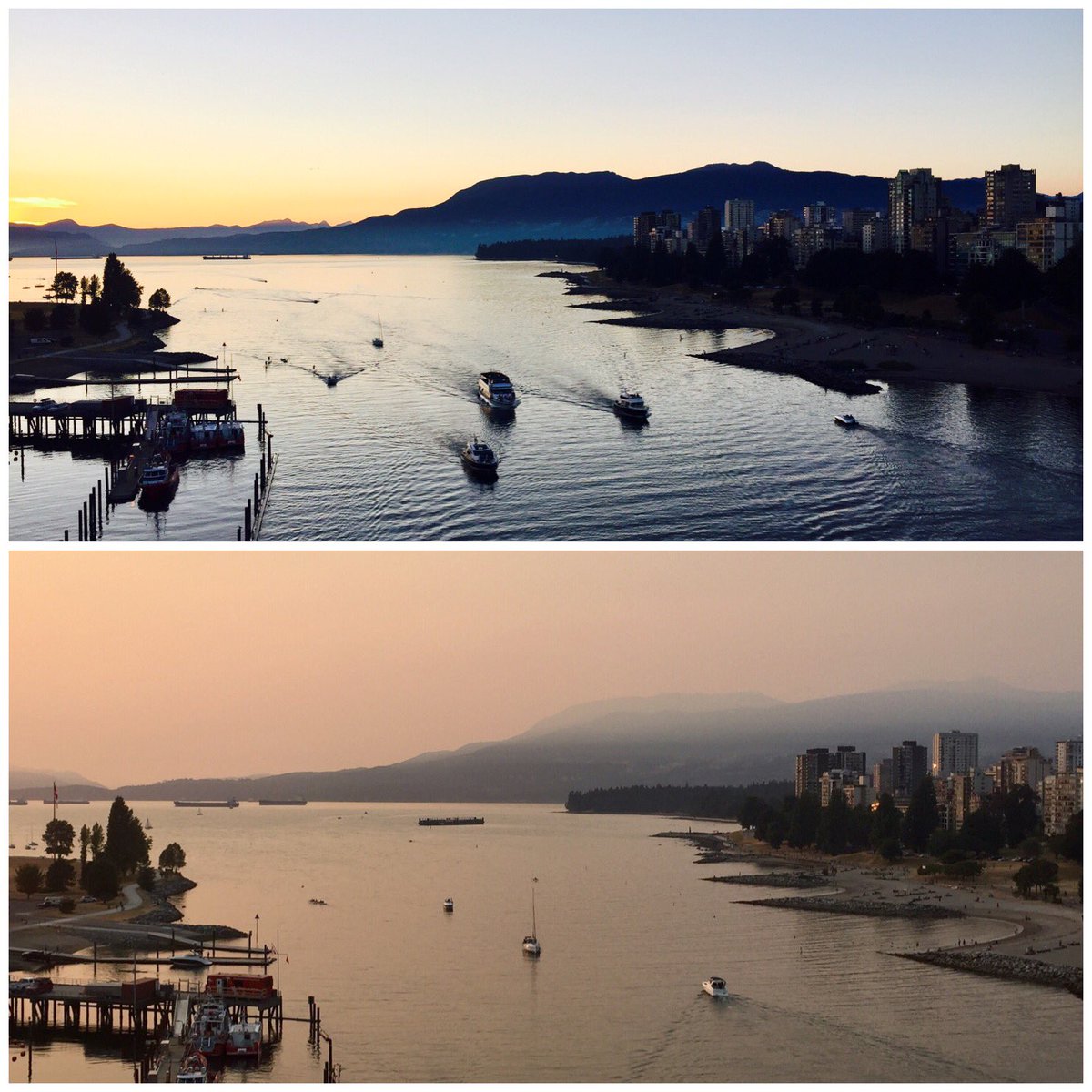 Haze from #BCwildfires envelopes #beautifulBC. Caulfeild village vs Dec &amp; Burrard inlet vs 2 wks ago...and this is just in Van ☹️#WeTheNorth
