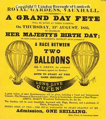 LambethArchives's tweet photo. Handbill for a Vauxhall Gardens balloon race on Queen Adelaide's birthday, Aug 1835. Wife of William IV,&amp; Adelaide, Aus. was named after her https://t.co/RhRkiYVKxh