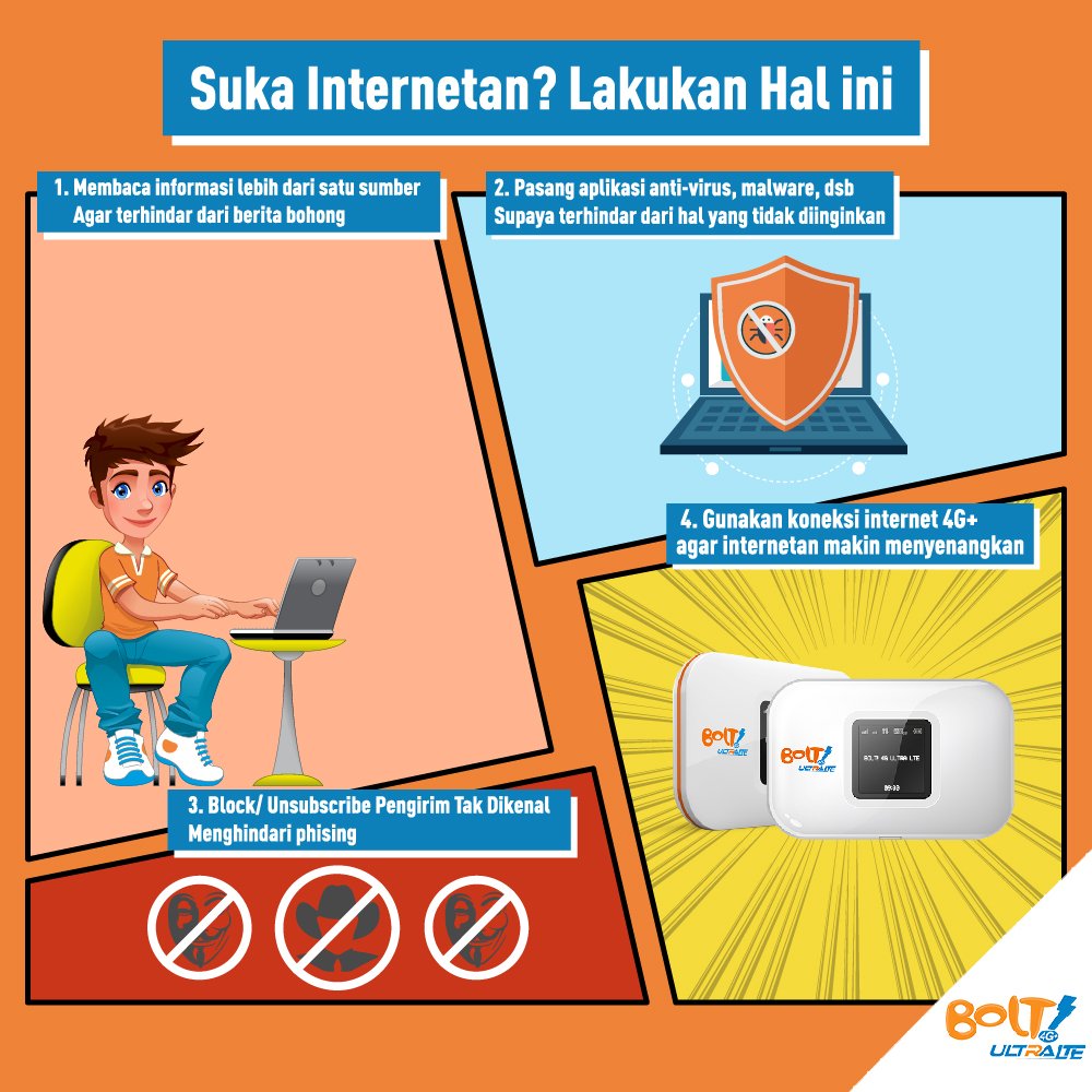 BOLTClub's tweet photo. Agar terhindar dari dampak negatifnya, BOLTers tetap harus bijaksana dalam berinternetan ya! Yuk cek dan share tips ini :) #BOLTSpeed https://t.co/UMx9U0zuYe