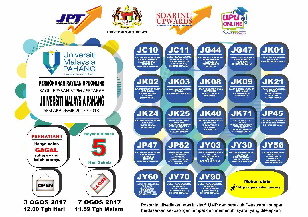 umpsamalaysia's tweet photo. #BPASHARING
#UMPFIRSTCHOICE
Permohonan Rayuan Online bagi lepasan STPM/Setaraf Universiti Malaysia Pahang (UMP) sesi akademik 2017/2018. https://t.co/WlhOgXpCXK