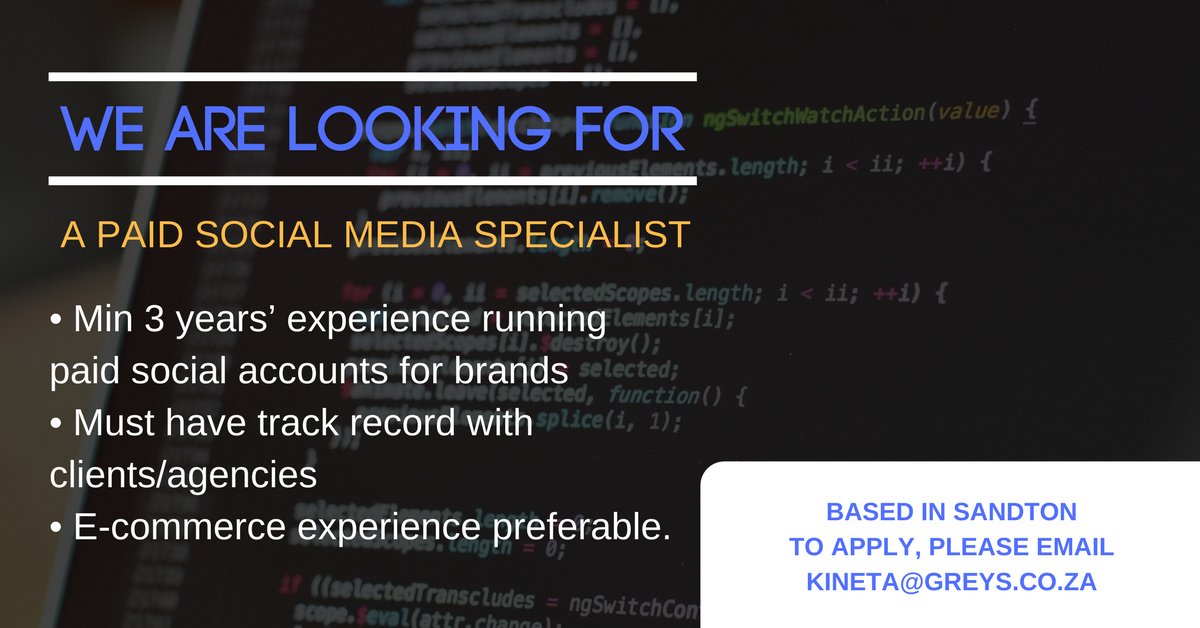 MeasuredAbility's tweet photo. Current #sales and #socialmedia positions available in #durban and #sandton. To apply, please email kineta@greys.co.za #JobSeekersSA #jobs https://t.co/yHMQxyoi9e