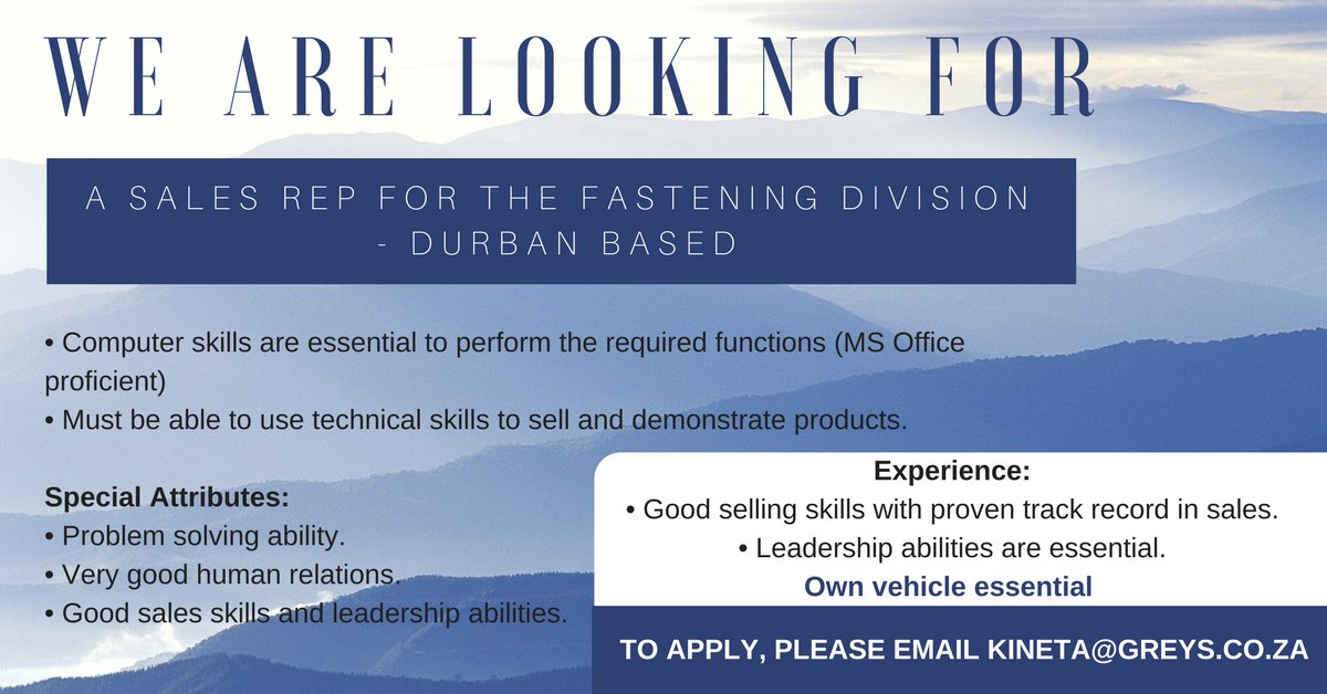 MeasuredAbility's tweet photo. Current #sales and #socialmedia positions available in #durban and #sandton. To apply, please email kineta@greys.co.za #JobSeekersSA #jobs https://t.co/yHMQxyoi9e