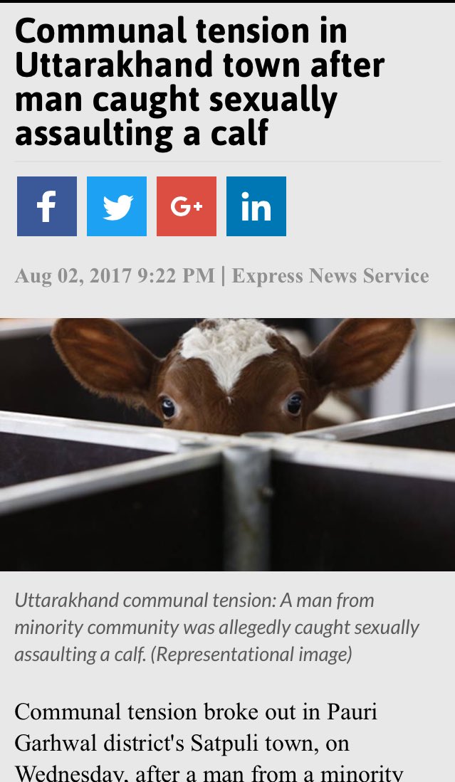 NeetuGarg6's tweet photo. Communal tensions in Uttarakhand town after a Muslim "Shah Alam" rapes calf.
✏️Hatred, terrorists &amp; now calf rapist😵
https://t.co/To4Rqfgrc4 https://t.co/asym4bThaT
