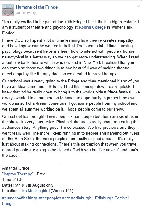 HOTF_EDINBURGH's tweet photo. Humans of the Fringe: The people's story. Amanda Grace @ImprovTherapyRC - #edfringe17 #Edinburgh #improvtherapy @edfringe @rollinscollege https://t.co/S1w6UUFpLe