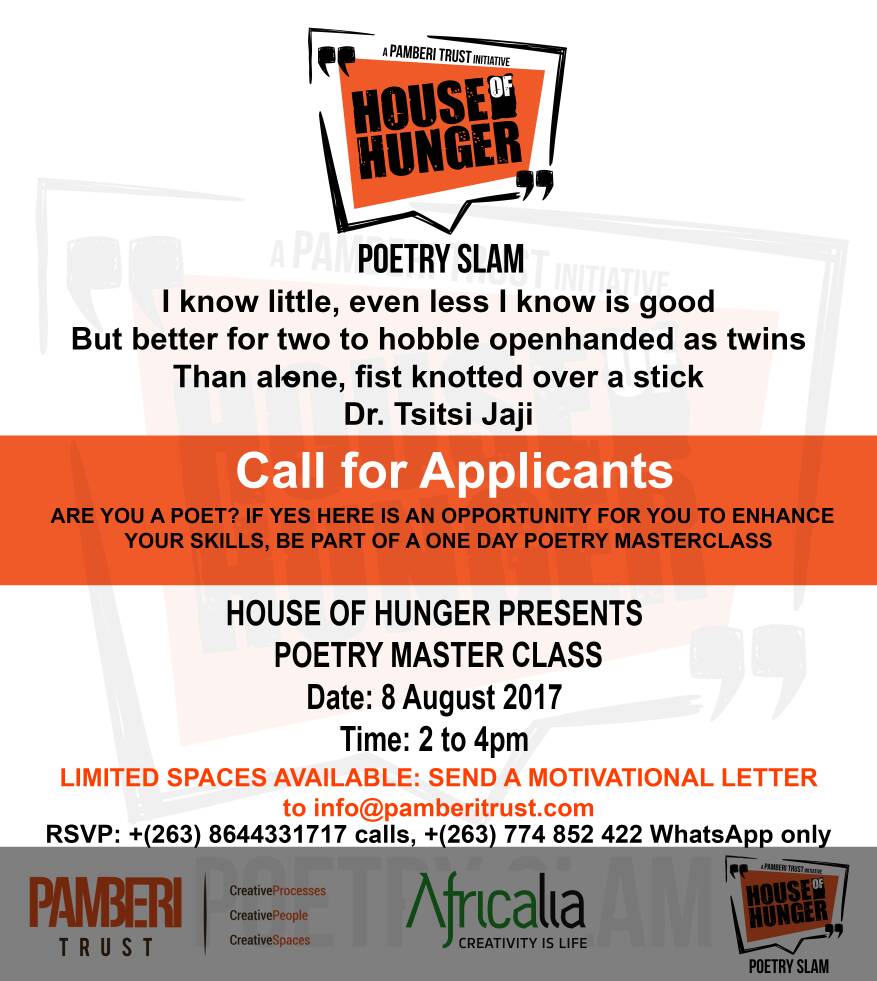 PamberiT's tweet photo. #PoetryMasterClass next Tuesday from 2 to 4 pm. A BIG opportunity for poets to develop themselves. Register now. #HouseOfHunger @africalia https://t.co/YabYutv7yn