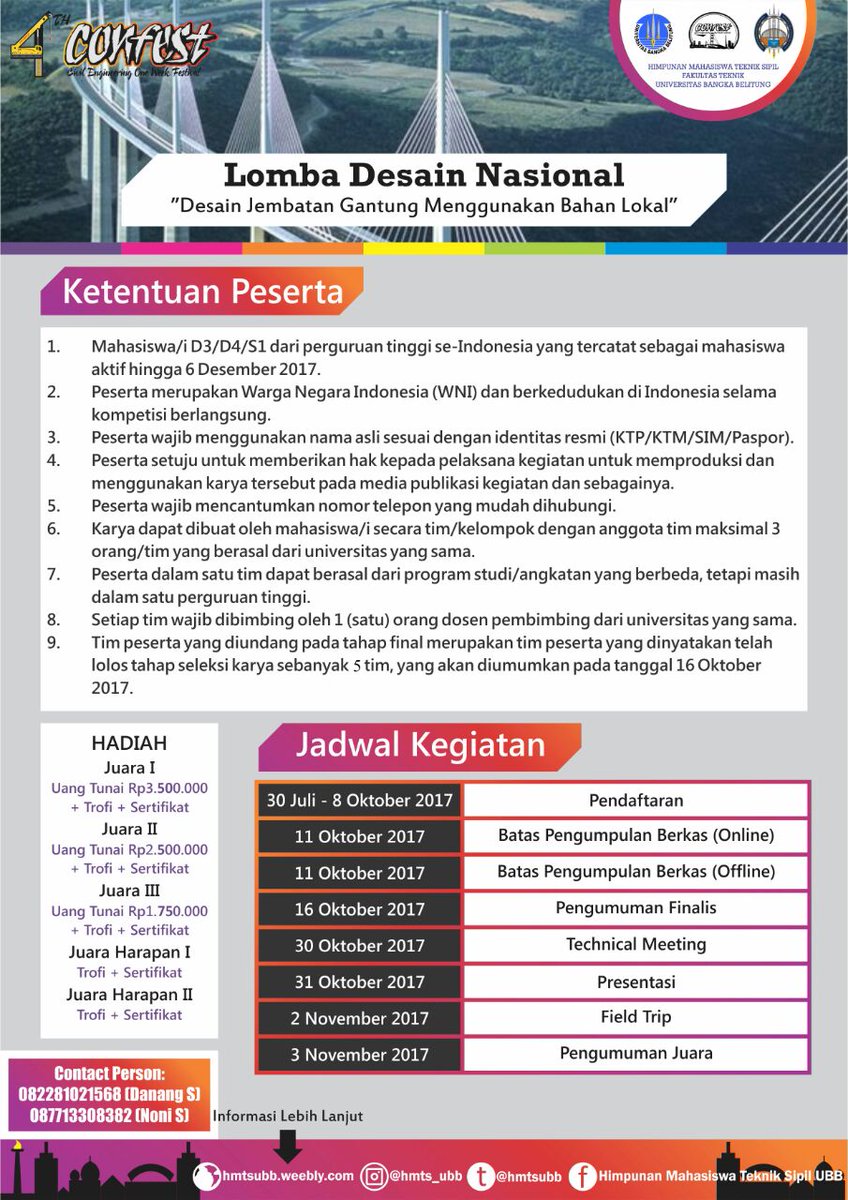 Formulir Pendaftaran dan Ketentuan Lomba dapat diakses melalui tautan berikut ini :
hmtsubb.weebly.com/beranda/kompet…