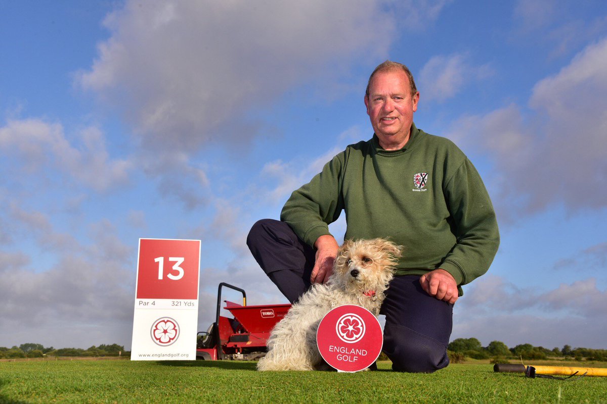 EnglandGolf's tweet photo. Littlestone head greenkeeper Malcolm Grand - and his dog Tess - making course checks at the #EngGolfGirls champs https://t.co/OXGQPwTMQD https://t.co/5JJEaOLh9u