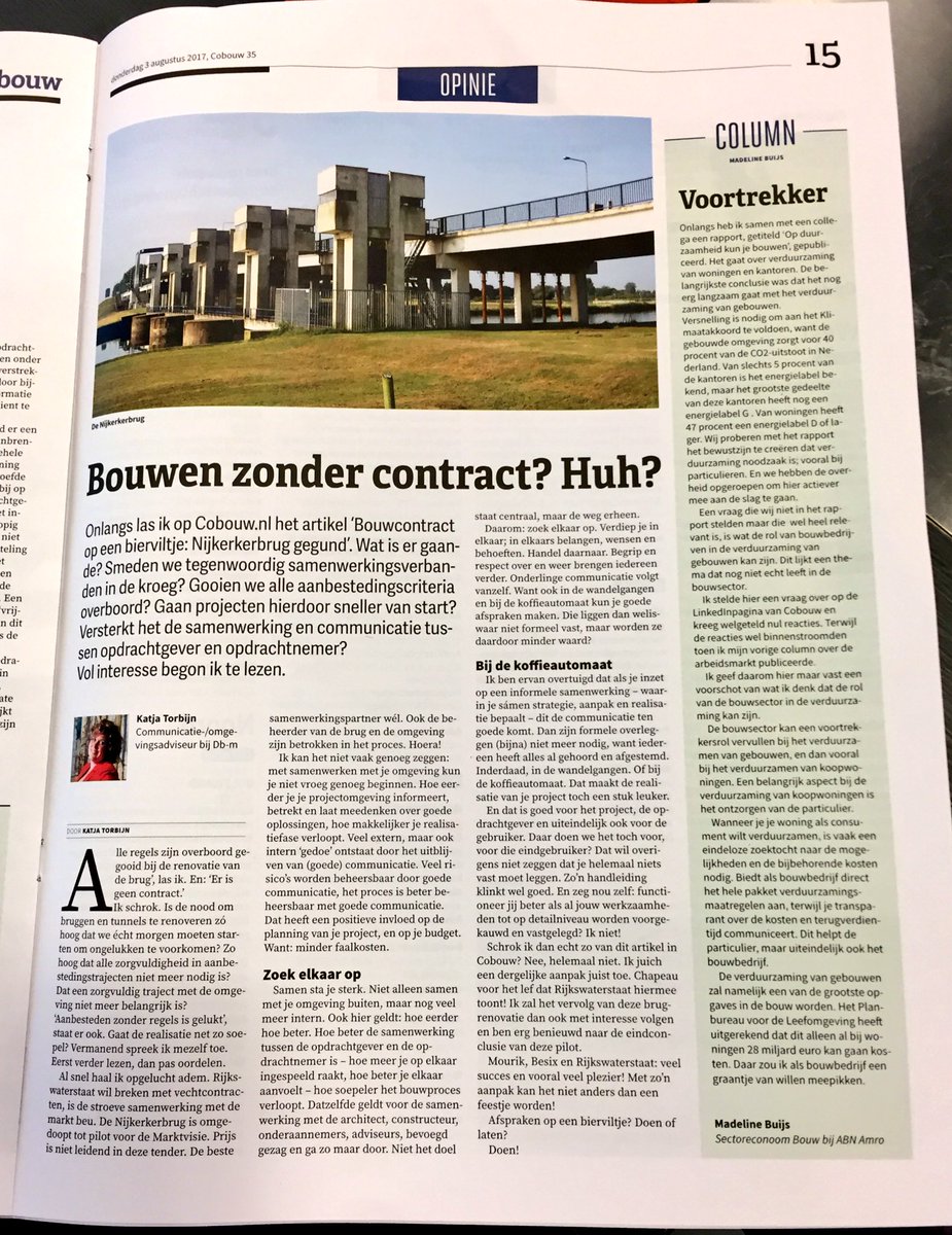 Hoe tof is dit! Mijn #blog voor <a href="/dbm_bouw/">Db-m Bouw</a> - over een gunning van <a href="/Rijkswaterstaat/">Rijkswaterstaat</a> - vandaag in  <a href="/CobouwNL/">Cobouw</a> 😄☺ #bouw #communicatie