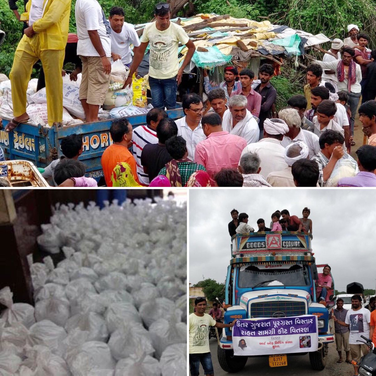 Gurudev's tweet photo. Over 500 @ArtofLiving volunteers from Surat sent 15 truckloads of relief material worth over Rs.1Cr. to flood-affected areas. #GujaratFloods https://t.co/dYa0I3EpnA