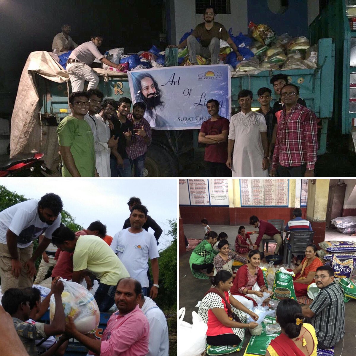 Gurudev's tweet photo. Over 500 @ArtofLiving volunteers from Surat sent 15 truckloads of relief material worth over Rs.1Cr. to flood-affected areas. #GujaratFloods https://t.co/dYa0I3EpnA
