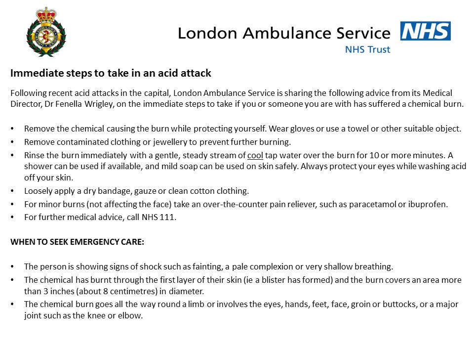 Ldn_Ambulance's tweet photo. In the moments after an acid attack, bystander #firstaid can make all the difference. Here's our advice on how to help someone who needs it. https://t.co/09zUUQWH25