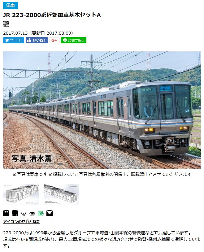 製品図面紹介／ 【#TOMIX JR223-2000系近郊電車】 1999年から登場した