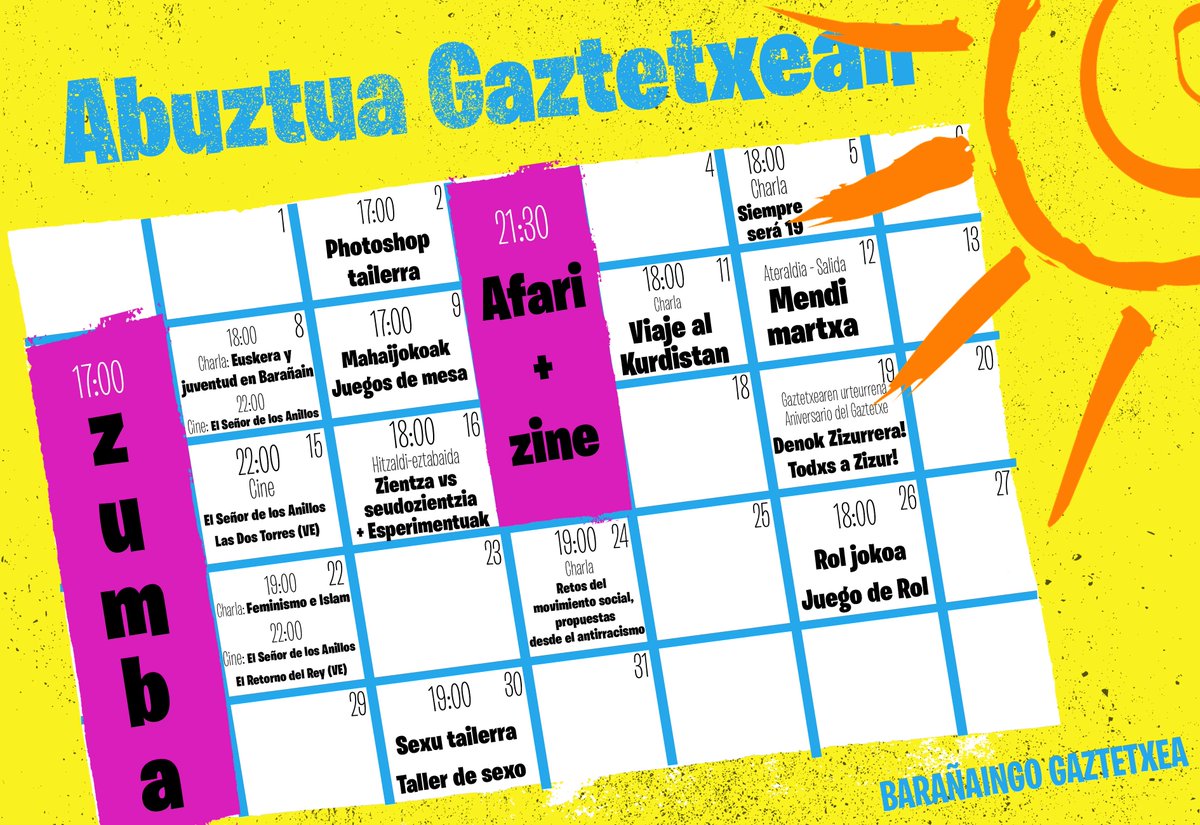BarakoGaztetxea's tweet photo. Hemen da Abuztua! Eta horrekin egitarau fresko-freskoa prestatu dugu: zumba, afari-zinea, hitzaldiak, jokuak, tailerrak... Anímense! https://t.co/69JaBhwX1c