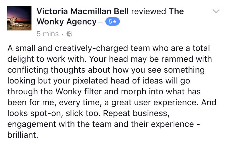 thewonkyagency's tweet photo. We're not normally in to blowing our own πΊ but couldn't resist sharing our latest #review. Thank you VMB #happycustomer #thinkwonky https://t.co/N0aPNGN3wc
