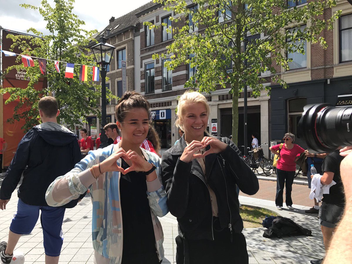 UEFA's tweet photo. #WEURO2017 Ambassador Pierre van Hooijdonk Lena Lotzen & Ada Hegerberg promote healthy hearts ahead of #DENAUT #MatchFitWoman https://t.co/MYKlBt4A79