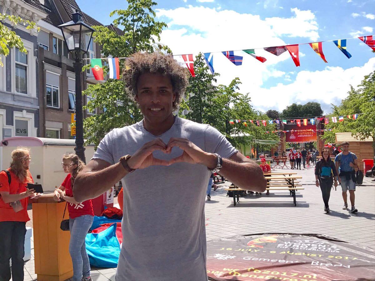 UEFA's tweet photo. #WEURO2017 Ambassador Pierre van Hooijdonk Lena Lotzen & Ada Hegerberg promote healthy hearts ahead of #DENAUT #MatchFitWoman https://t.co/MYKlBt4A79