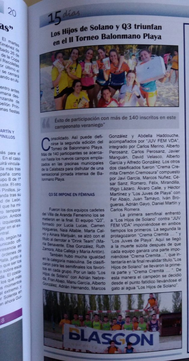 arandabmplaya's tweet photo. Esta semana somos noticia en la revista quincenal: 15 días
II Torneo #Balonmano Playa BLASGON Villa de Aranda https://t.co/fvnO7P7WMo