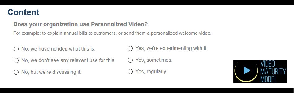 VideoMaturModel's tweet photo. Does your organization use Personalized Video? #anotherquestion #videomaturity #videomarketing #videomanagement #videostrategy https://t.co/AjehfsIsdz
