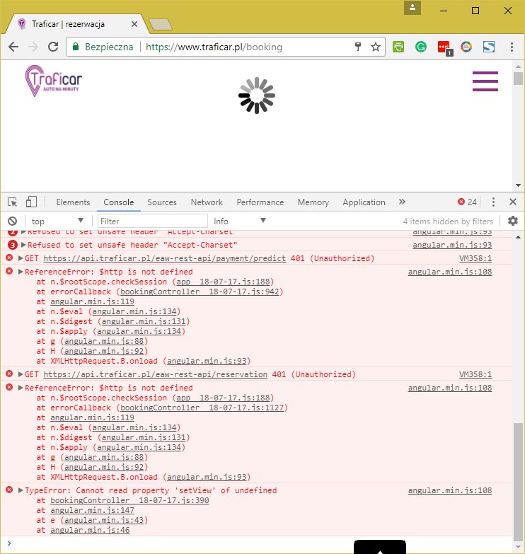 ZmorzynskiK's tweet photo. @bartsokol Perfect timing ⏳
Another day, another #jsfail that makes site unusable - #traficar this time. Just stumbled upon this. https://t.co/r6GHcreZaU