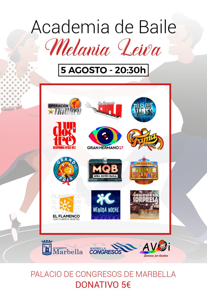 MarbellaCongres's tweet photo. La academia de baile @melanialeiva presenta su gala a favor de AVOI, el 5/08/17, a las 20.30 horas, en @MarbellaCongres 
Donativo: 5 euros https://t.co/peLFwIBNKU