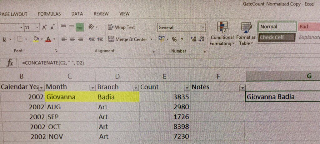 GiovannaBadia's tweet image. Love Concatenate formula. Time saver for combining 2 text columns. Did this manually, not anymore #LibPMC17