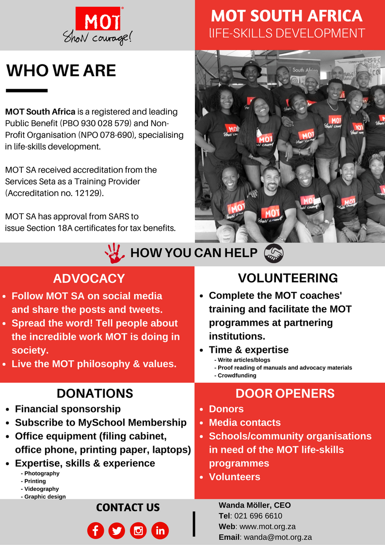 Find out how you can help MOT SA to strengthen &amp; empower the youth. #GiveBack #YouthLeadingChange #TogetherisBetter #StopBullying