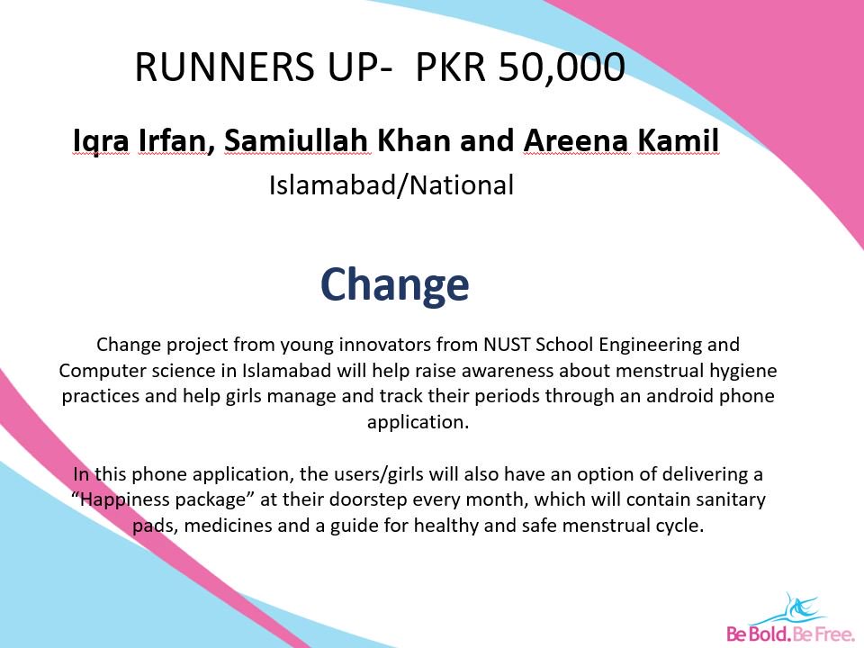 UNICEF_Pakistan's tweet photo. Third Runners Up are Iqra Irfan, Samiullah Khan and Areena Kamil... #MHMChallenge #PeriodPakistan #BeBoldBeBfree https://t.co/PqjkY9hoLJ