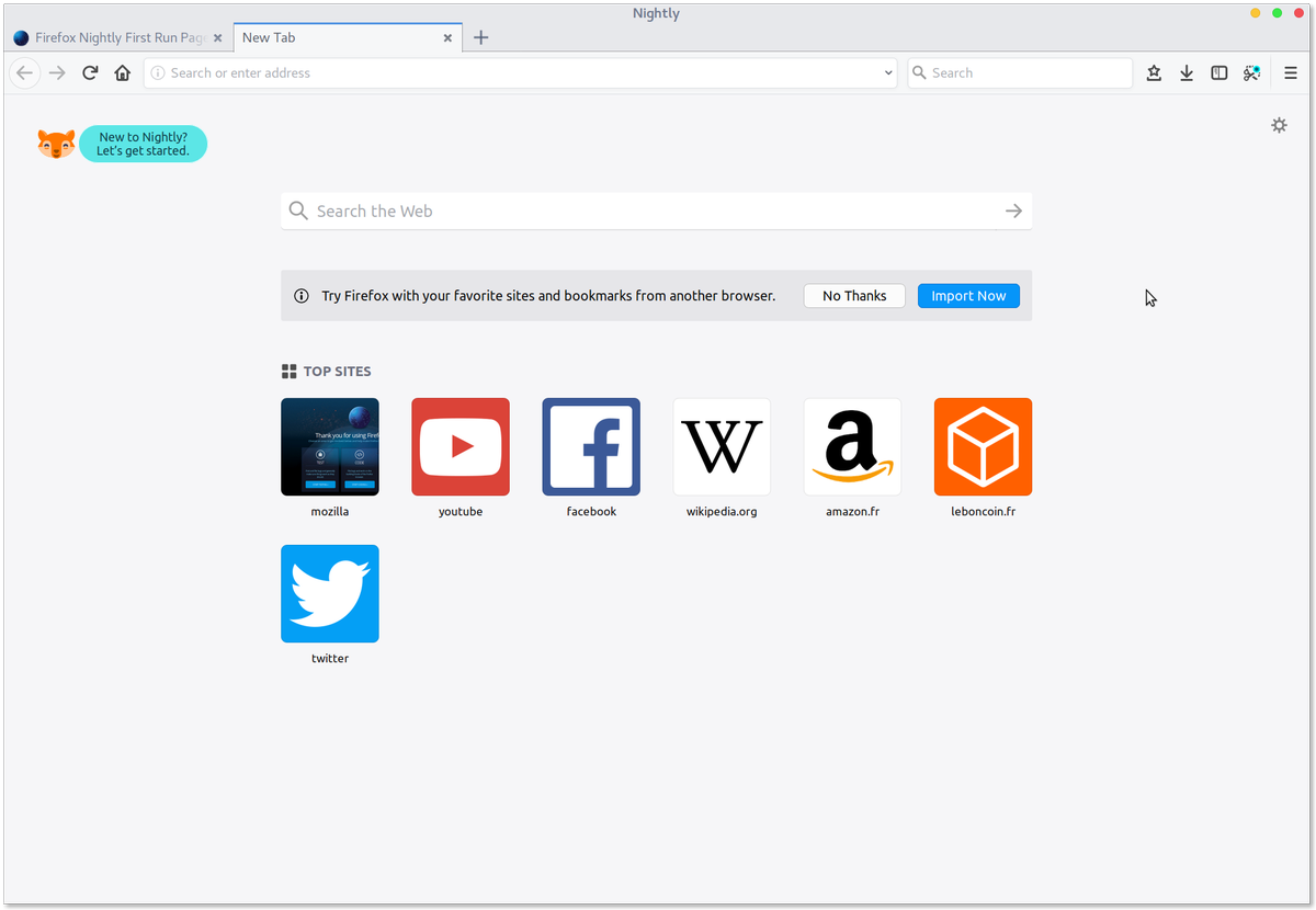 Screenshot of Nightly 57 with new icons and rectangular tabs