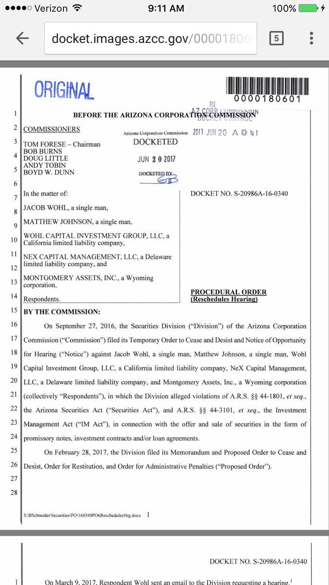 funder's tweet photo. Court Doc: Jacob Wohl who Trump keeps retweeting is facing 14 counts of fraud in front of the Arizona Securities Commission-hearing 8/7/17 https://t.co/fsIcRbAXoG
