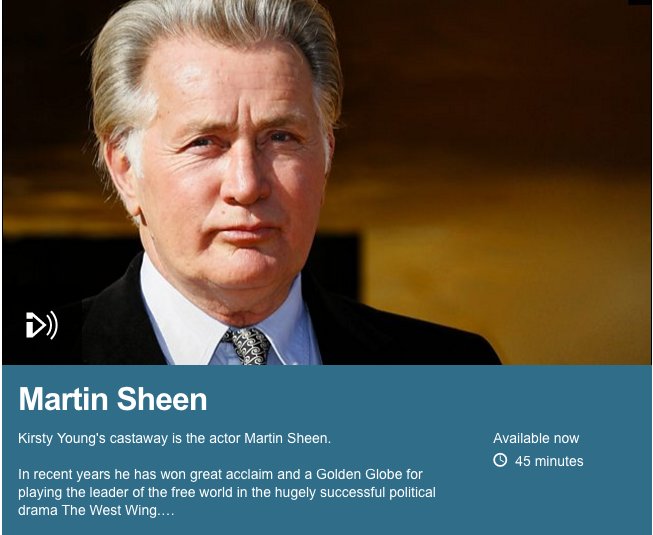 Happy birthday Martin Sheen.
His interview with Kirsty Young
 