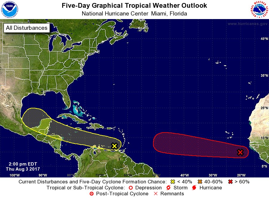 NHC_Atlantic's tweet photo. The Atlantic season is heating up with 2 systems that NHC is monitoring. Catch the latest outlook on both at: https://t.co/CYh0ifH2bE #99L https://t.co/28YPCUSGOJ