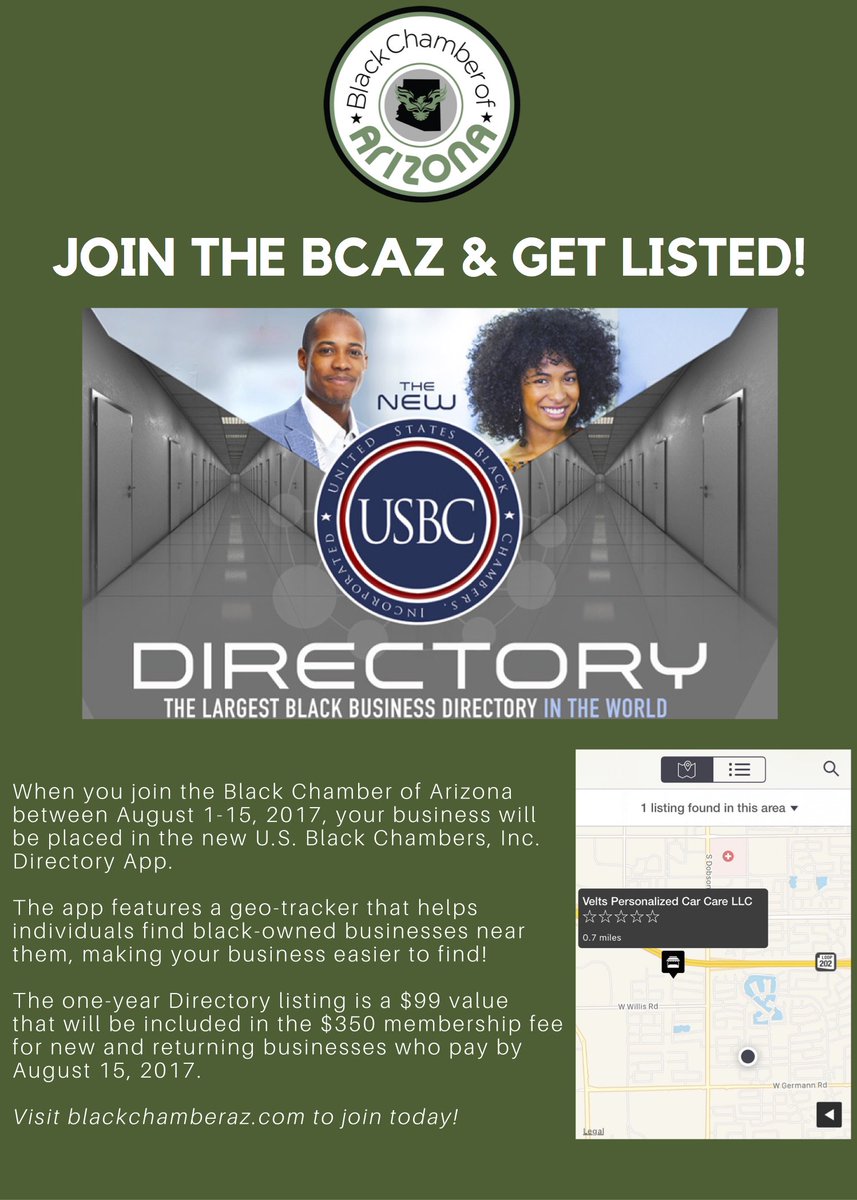 blackchamber_az's tweet photo. August Member Promo! Join the #BCAZ by August 15 &amp; have your #business placed in the @usblackchambers Directory App. https://t.co/2yOmzkosjd https://t.co/BlnJztfPgY