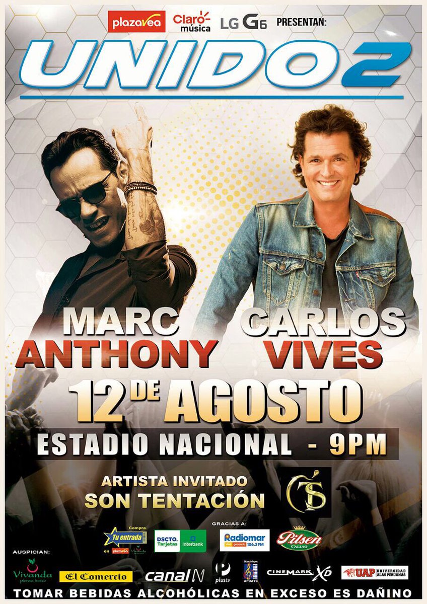 tililozano's tweet photo. UNIDOS TODOS QUE LA FIESTA ESTA POR LLEGAR imperdible chicos 12 d Agosto en el Estadio Nacional UNI2
Marc Anthony Carlos Vives @Act_Eventos https://t.co/lZcPrroVIy