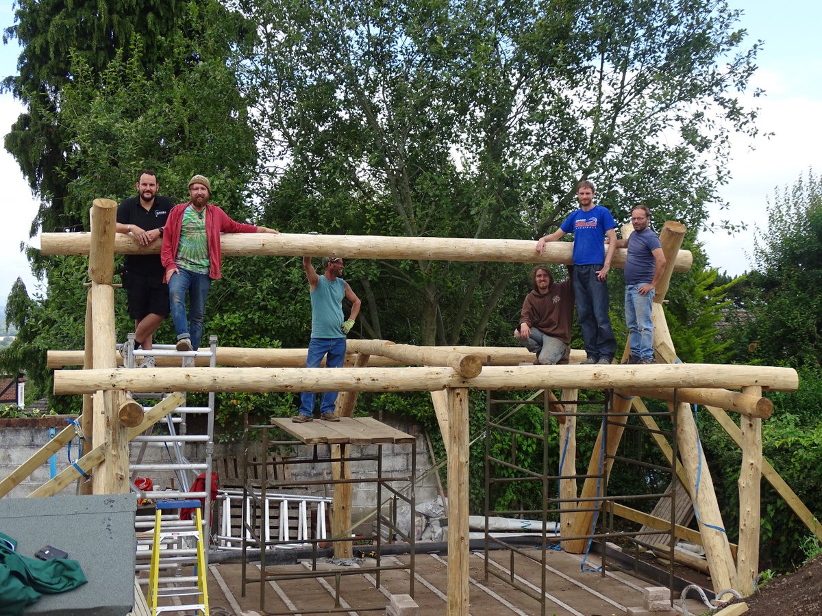 Amazing roundwood  summerhouse. Ridgebeam now in place ready for the rafters.#rusticStructures