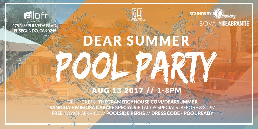 aloftelsegundo's tweet photo. Dear Summer, it's HOT! 🔥💦 Join us for a day poolside w/ @gramercyhouse on 8/13! Early Bird Presales on sale NOW https://t.co/toeWQeHbPW #VIP https://t.co/RLTWe0NFH3