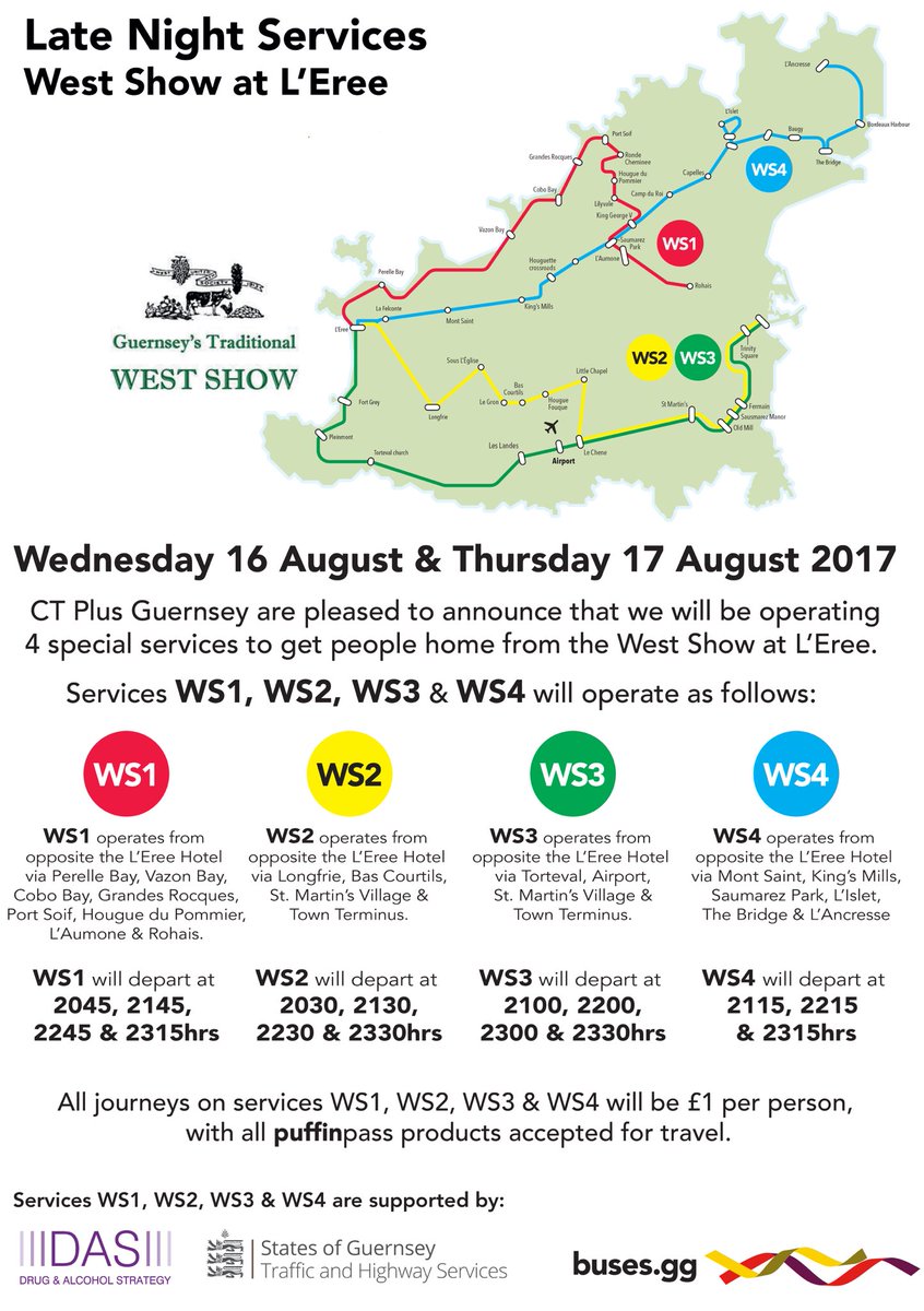 WestShowGuernse's tweet photo. Great news! CT Plus are once again providing a late night bus service from the Show on both days as follows. https://t.co/n6uzbaX87J