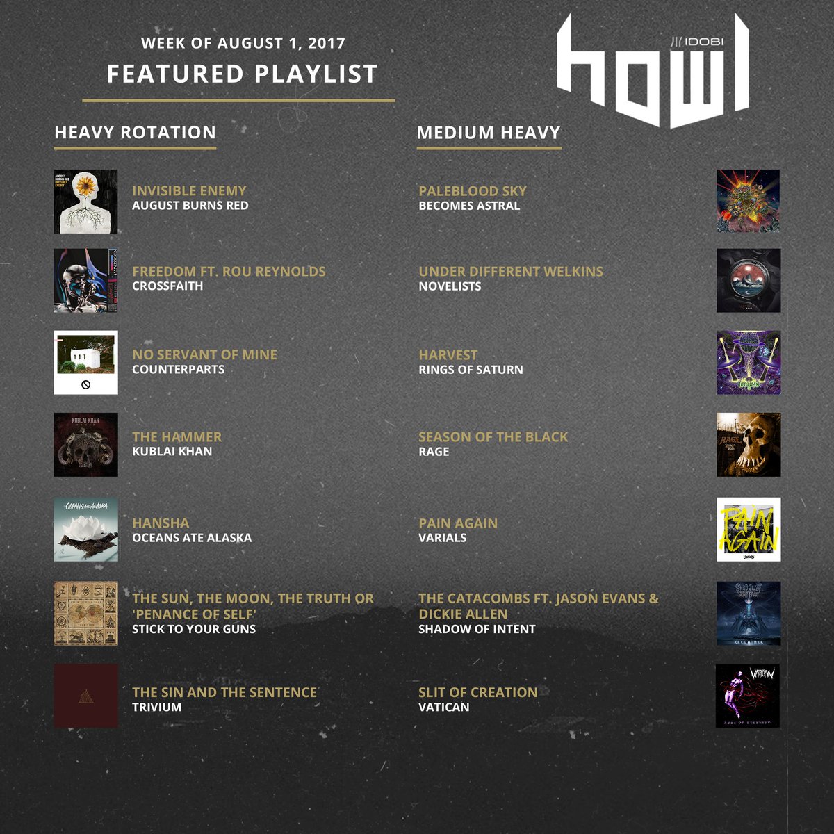 (2/2)<a href="/becomesastral/">Becomes Astral</a> <a href="/novelistsmusic/">𝐍𝐎𝐕𝐄𝐋𝐈𝐒𝐓𝐒</a> <a href="/RingsofSaturn_/">Rings of Saturn</a> Rage <a href="/VarialsPA/">VARIALS</a> Shadow of Intent &amp; Vatican!Listen to it all here ido.bi/howl