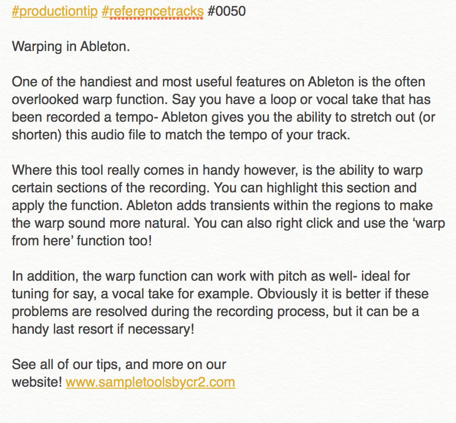 SampleToolsCr2's tweet photo. #productiontip #referencetracks #0050
Warping in Ableton.
👊👊👊
See all of our tips, and more on our website!
https://t.co/KrR0hWcFI6 https://t.co/6SZb5zAW8x