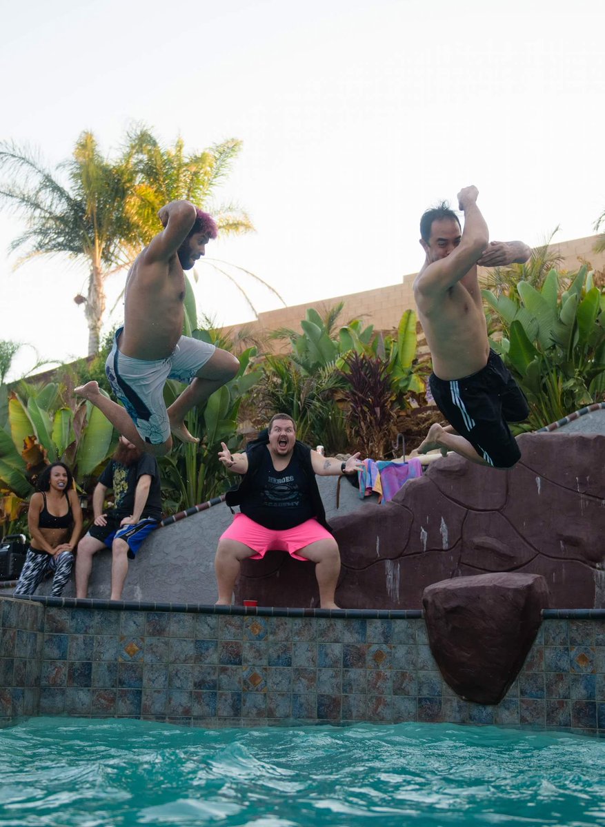 MagumaUsagi's tweet photo. A kick ass photo of @Duralath &amp; I about to elbow drop this fuckin pool while @wesbartel hypes us on!!! #WWEdding https://t.co/g820lEn4wT
