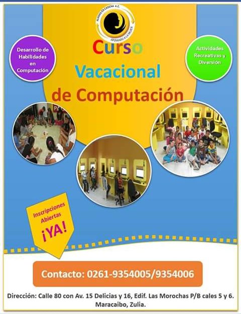 AliadasZulia's tweet photo. Curso Vacacional de Computación. Cupos Disponibles mañana y tarde. Fecha de Inicio: 21/08/17 https://t.co/hbr34leq6g