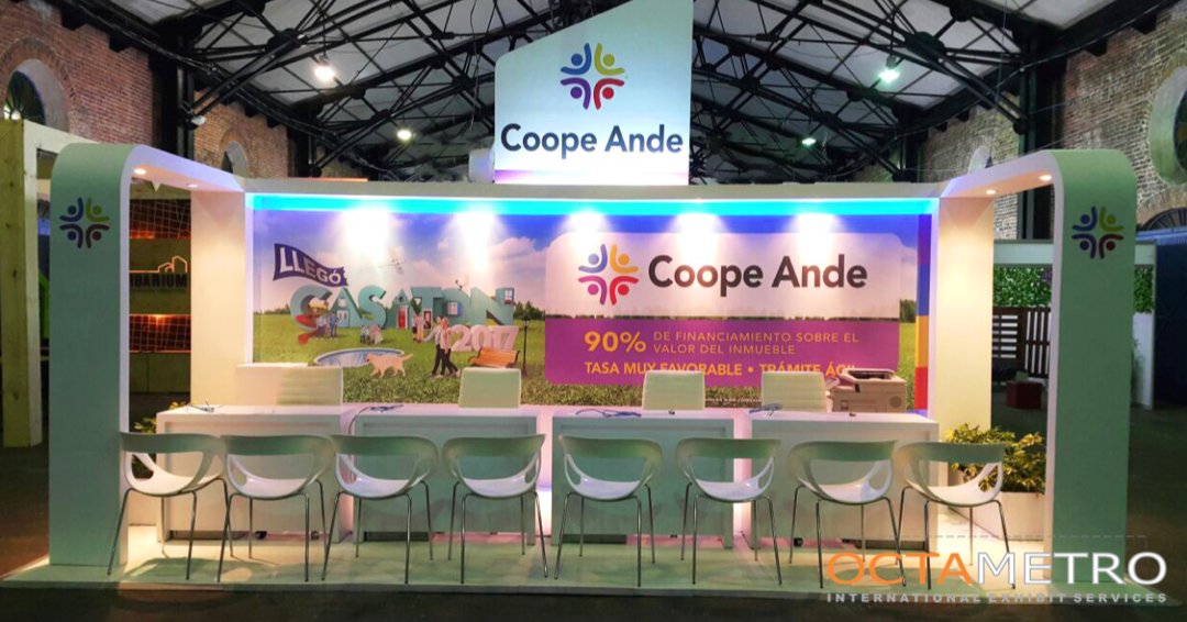 We built the #CoopeAnde 20x10 #display for #Finanvivienda2017. Includes a graphic print wall, logo display &amp; some uplights w/ LED backdrop.