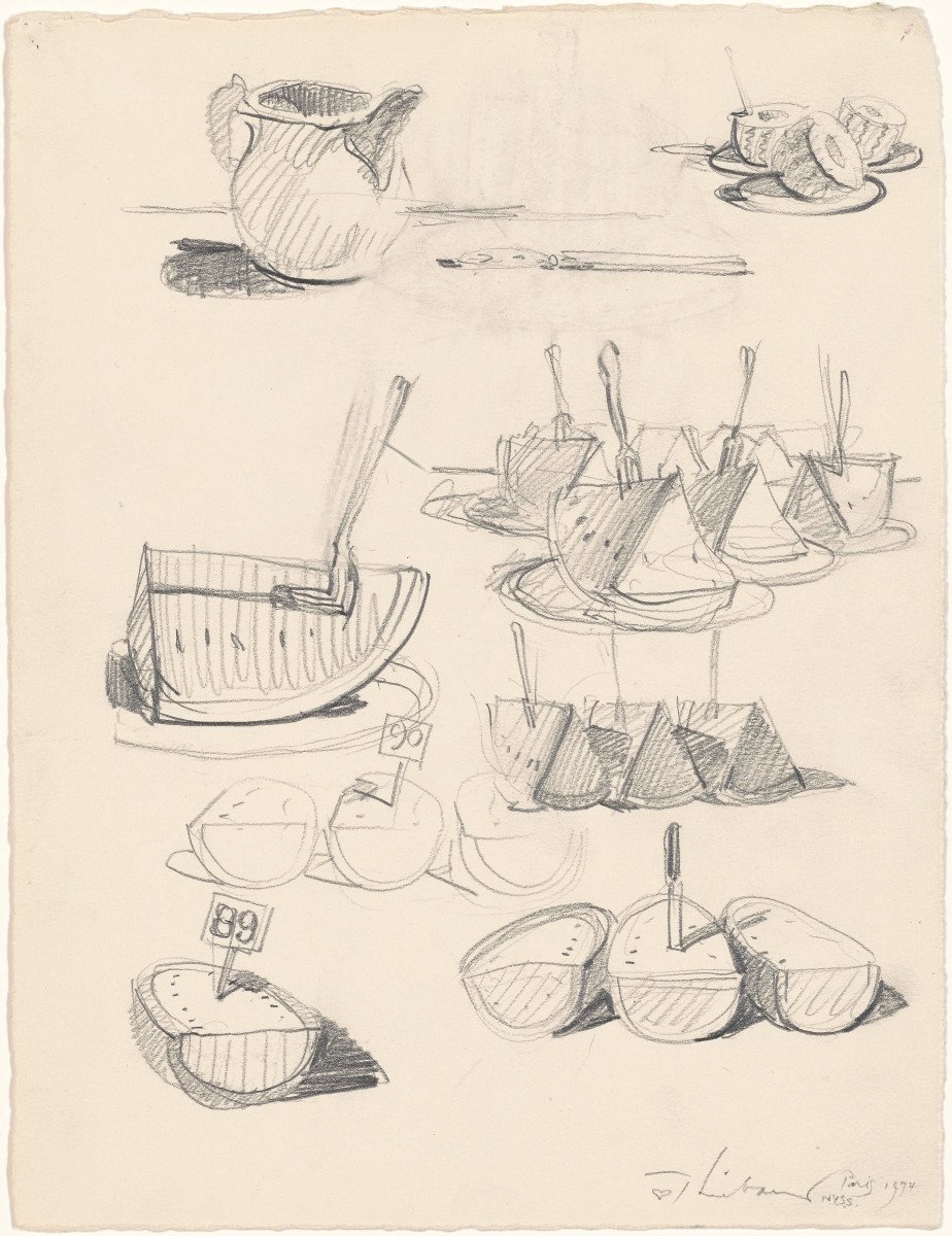 ngadc's tweet image. Celebrating #NationalWatermelonDay with Wayne Thiebaud's "Studies of Watermelon," 1974, graphite on wove paper. 🍉🍴🍉
