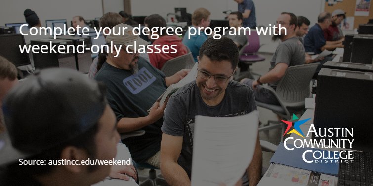 accdistrict's tweet photo. ACC's #WeekendCollege has many benefits: classes on a single campus, less traffic, full support services, and more! https://t.co/Y7GrW0m4pZ https://t.co/nlxYUAfhE4