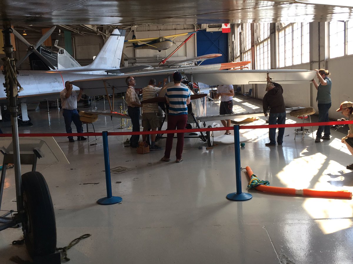 RoderLorne's tweet photo. A team of staff &amp; volunteers assemble the "Vimy Flight" Nieuport 11, biplane at the Royal Aviation Museum #historyoflight #vimyflight https://t.co/1GP2VrK16y