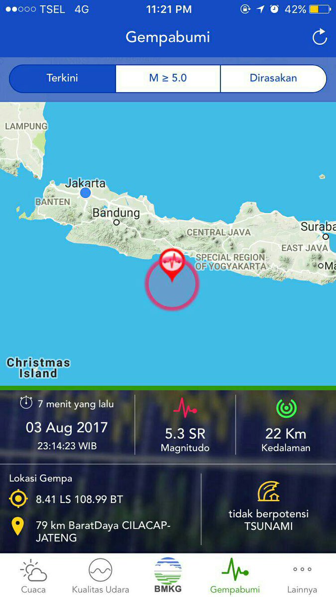 #Gempa Mag:5.3 SR, 03-Aug-17 23:14:23 WIB, Lok:8.41 LS,108.99 BT (79 km BaratDaya CILACAP-JATENG), Kedlmn:22 Km #BMKG -@infobmkg